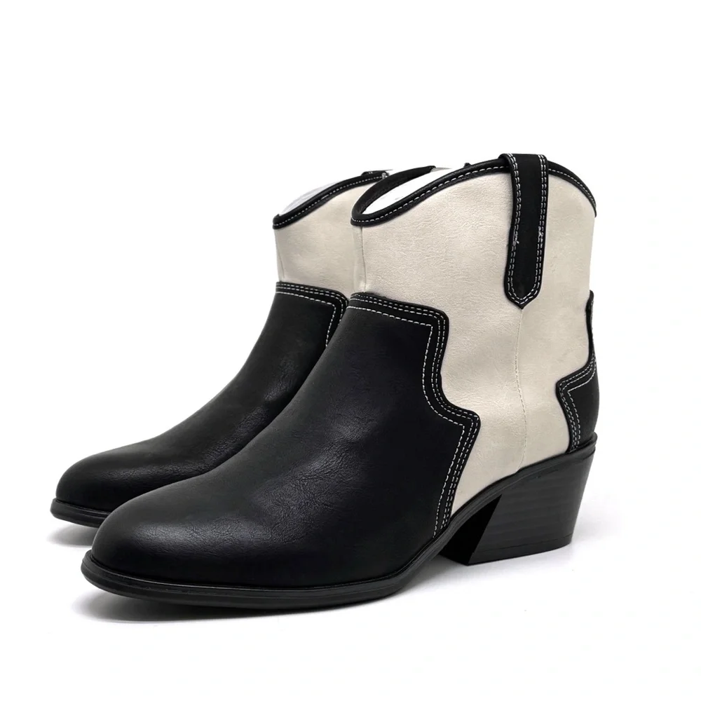 Dr. Scholl's Lasso Western Ankle Bootie Black and Off White Faux Leather Size 7